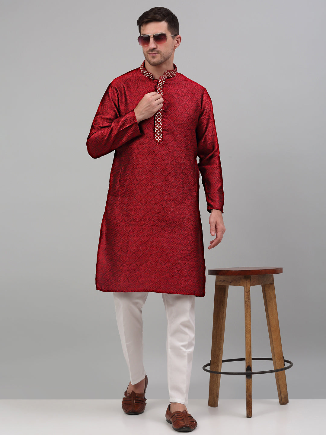Jompers Men's Maroon Collar Embroidered Kurta Only | Grocsy