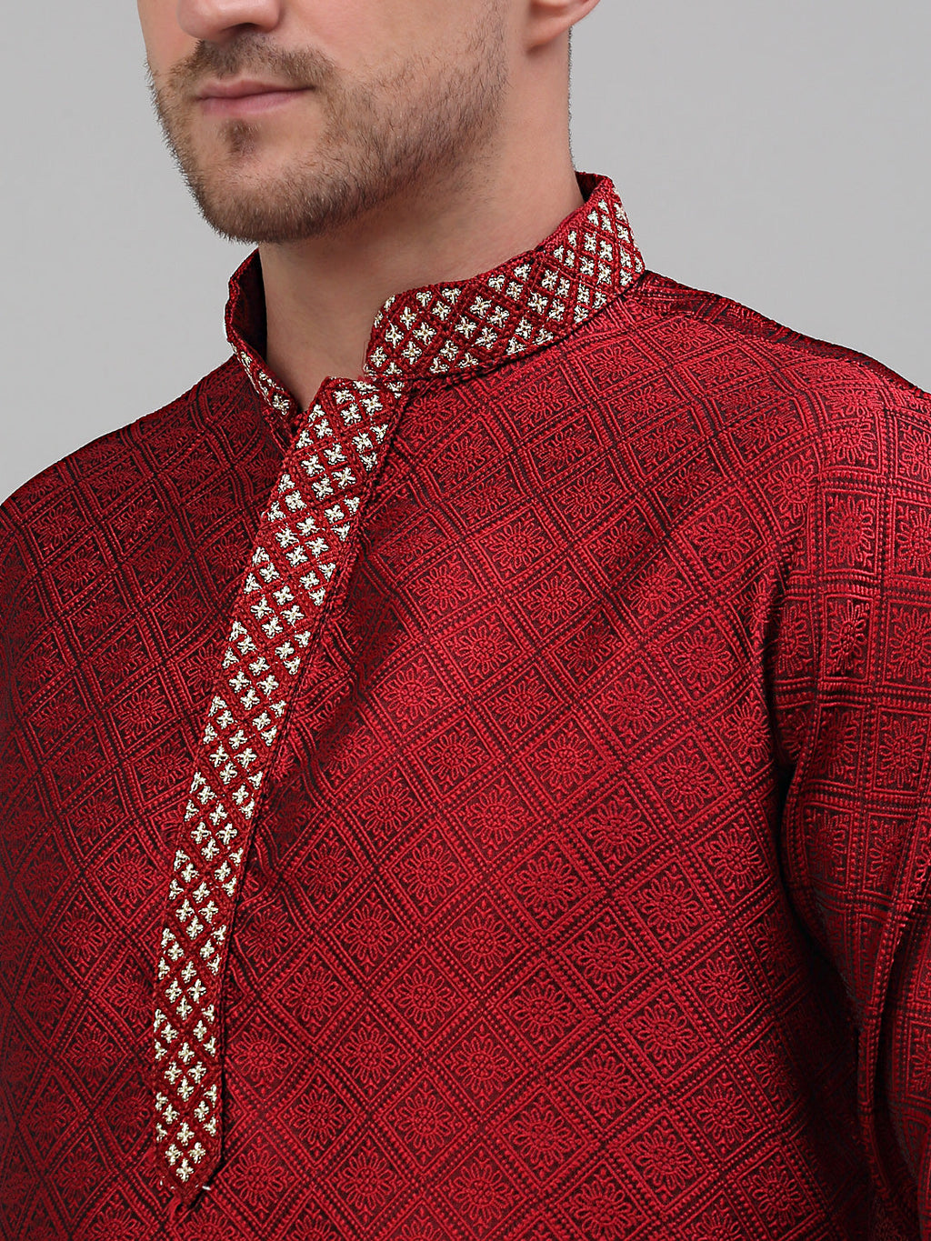 Jompers Men's Maroon Collar Embroidered Kurta Only | Grocsy