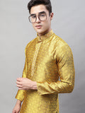 Jompers Men's Mustard Jacquard Silk Collar Embroidered Kurta | Grocsy