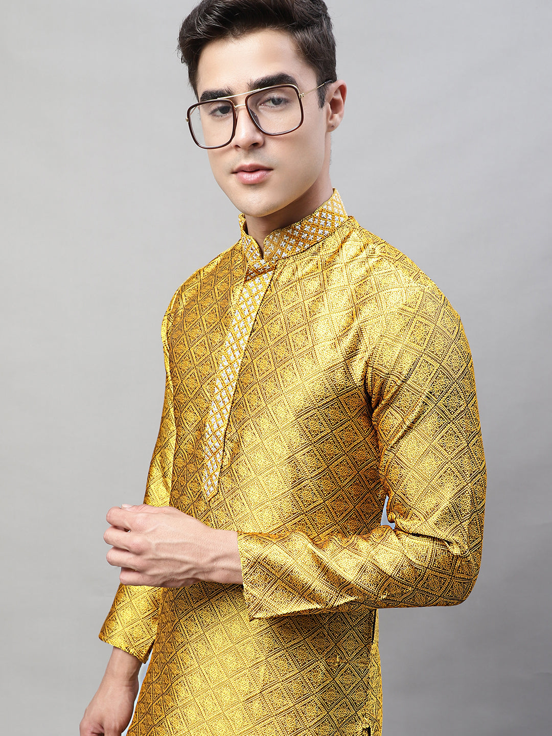 Jompers Men's Mustard Jacquard Silk Collar Embroidered Kurta | Grocsy