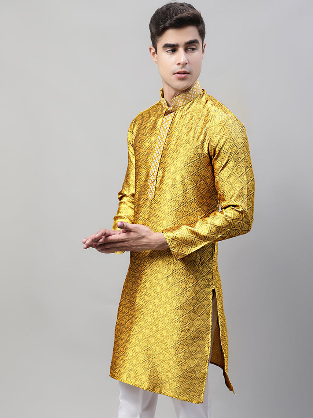 Jompers Men's Mustard Jacquard Silk Collar Embroidered Kurta | Grocsy