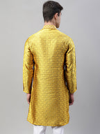 Jompers Men's Mustard Jacquard Silk Collar Embroidered Kurta | Grocsy