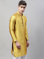 Jompers Men's Mustard Jacquard Silk Collar Embroidered Kurta | Grocsy