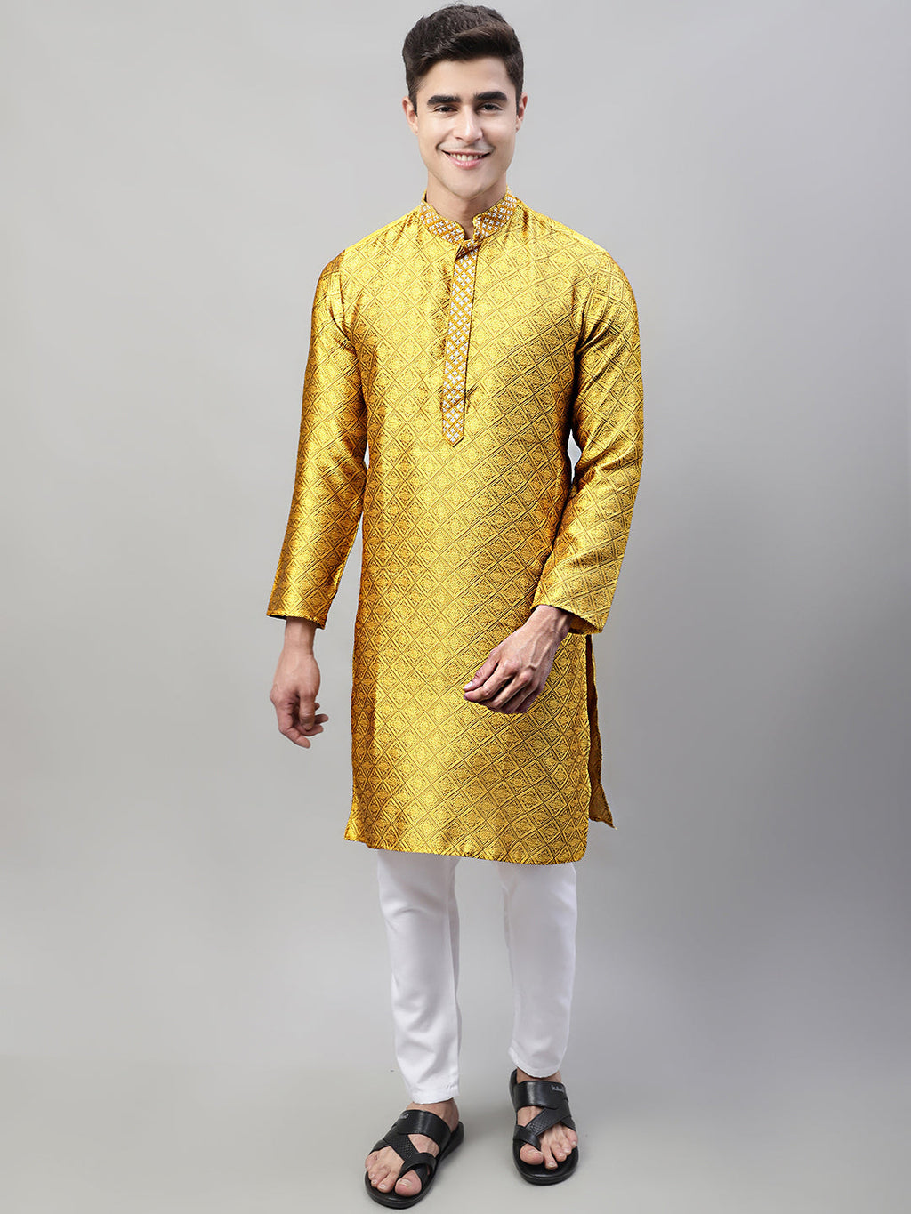 Jompers Men's Mustard Jacquard Silk Collar Embroidered Kurta | Grocsy