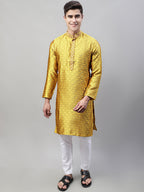 Jompers Men's Mustard Jacquard Silk Collar Embroidered Kurta | Grocsy
