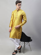 Jompers Men's Mustard Jacquard Silk Collar Embroidered Kurta | Grocsy