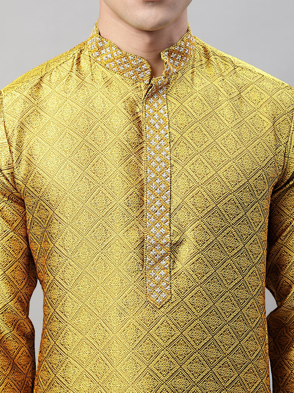 Jompers Men's Mustard Jacquard Silk Collar Embroidered Kurta | Grocsy