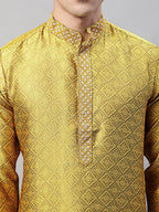 Jompers Men's Mustard Jacquard Silk Collar Embroidered Kurta | Grocsy