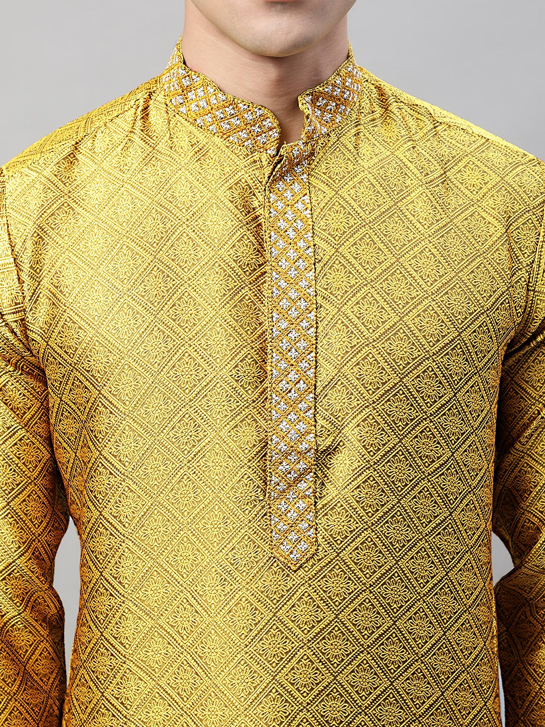 Jompers Men's Mustard Jacquard Silk Collar Embroidered Kurta | Grocsy