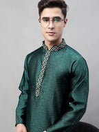 Jompers Men's Olive Green Jacquard Silk Collar Embroidered Kurta | Grocsy