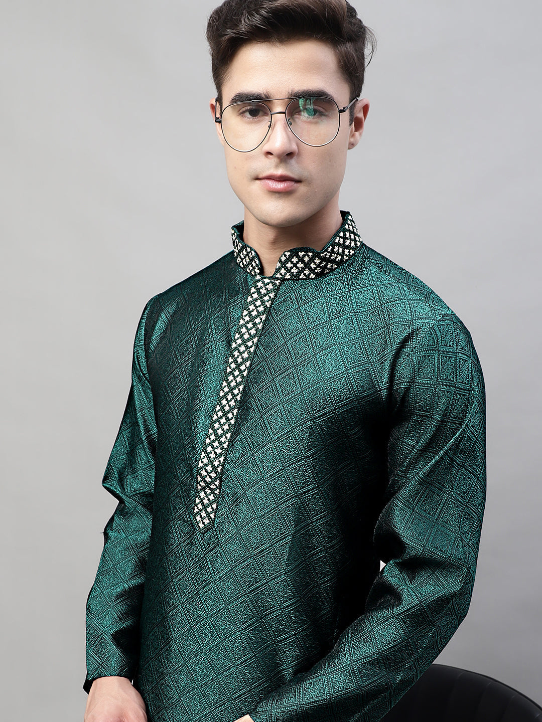 Jompers Men's Olive Green Jacquard Silk Collar Embroidered Kurta | Grocsy