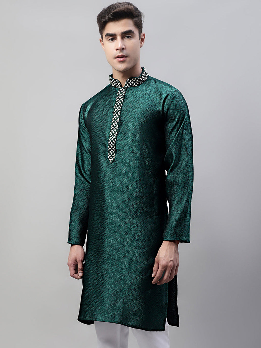 Jompers Men's Olive Green Jacquard Silk Collar Embroidered Kurta | Grocsy