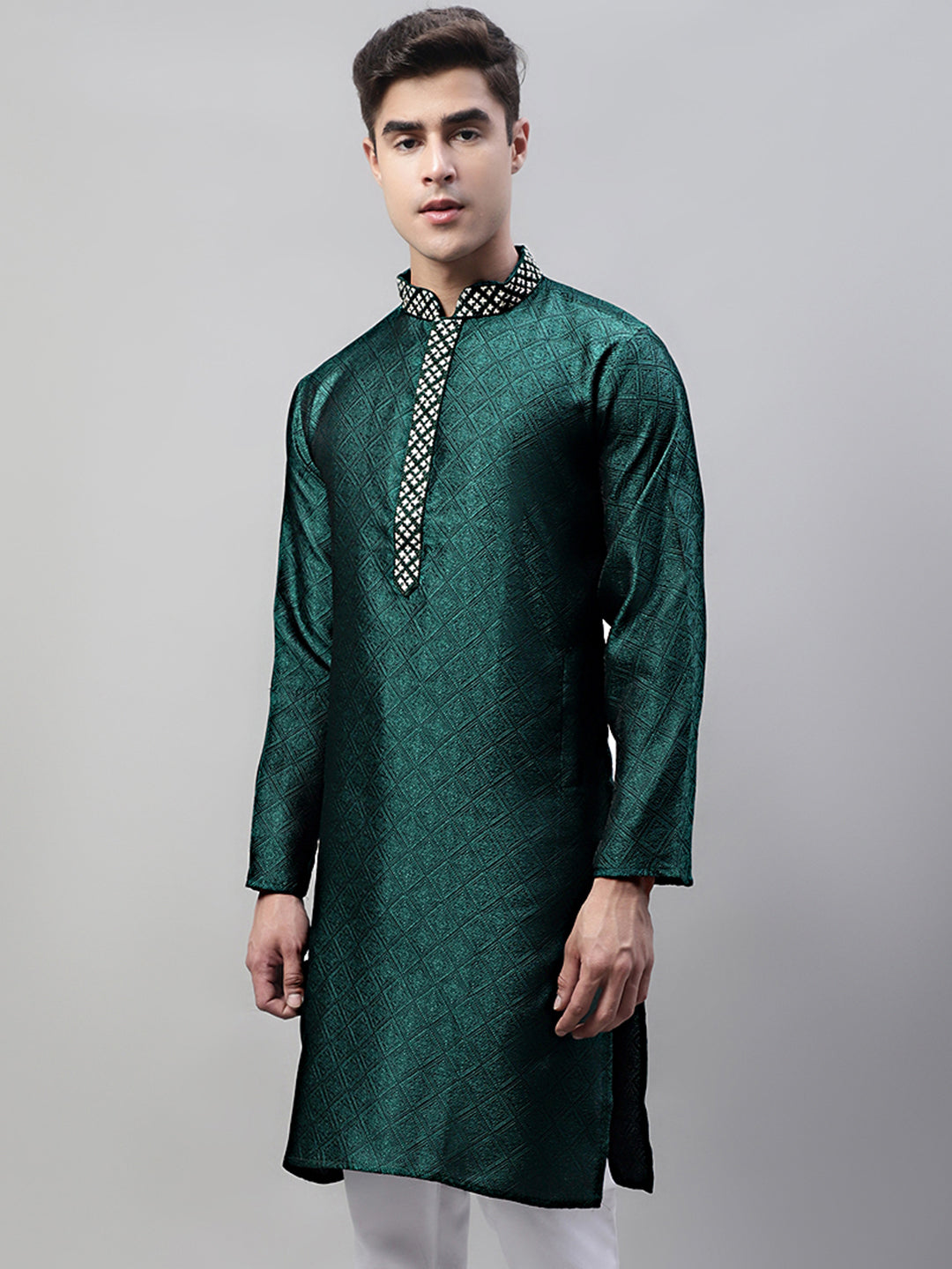 Jompers Men's Olive Green Jacquard Silk Collar Embroidered Kurta | Grocsy