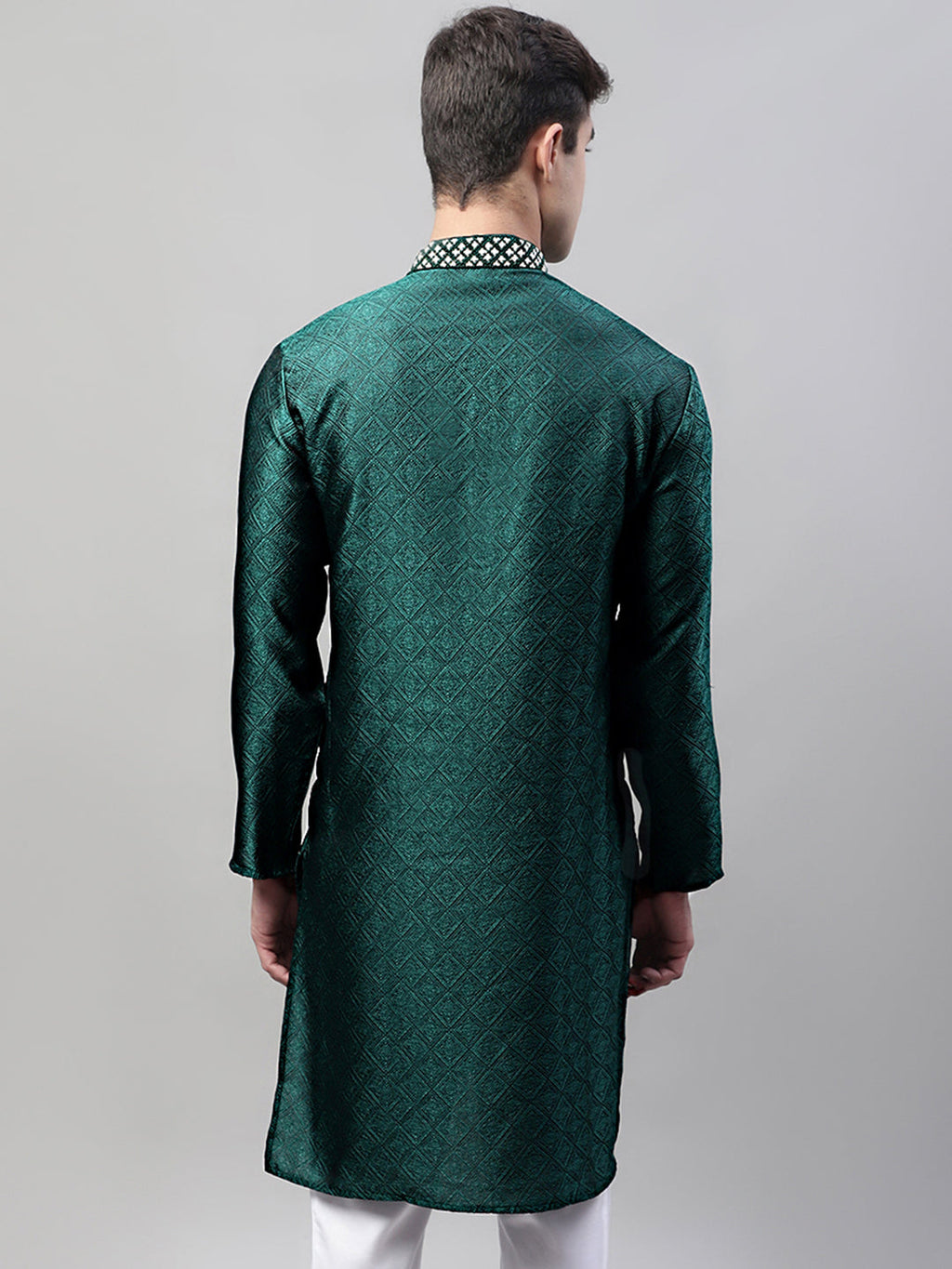 Jompers Men's Olive Green Jacquard Silk Collar Embroidered Kurta | Grocsy