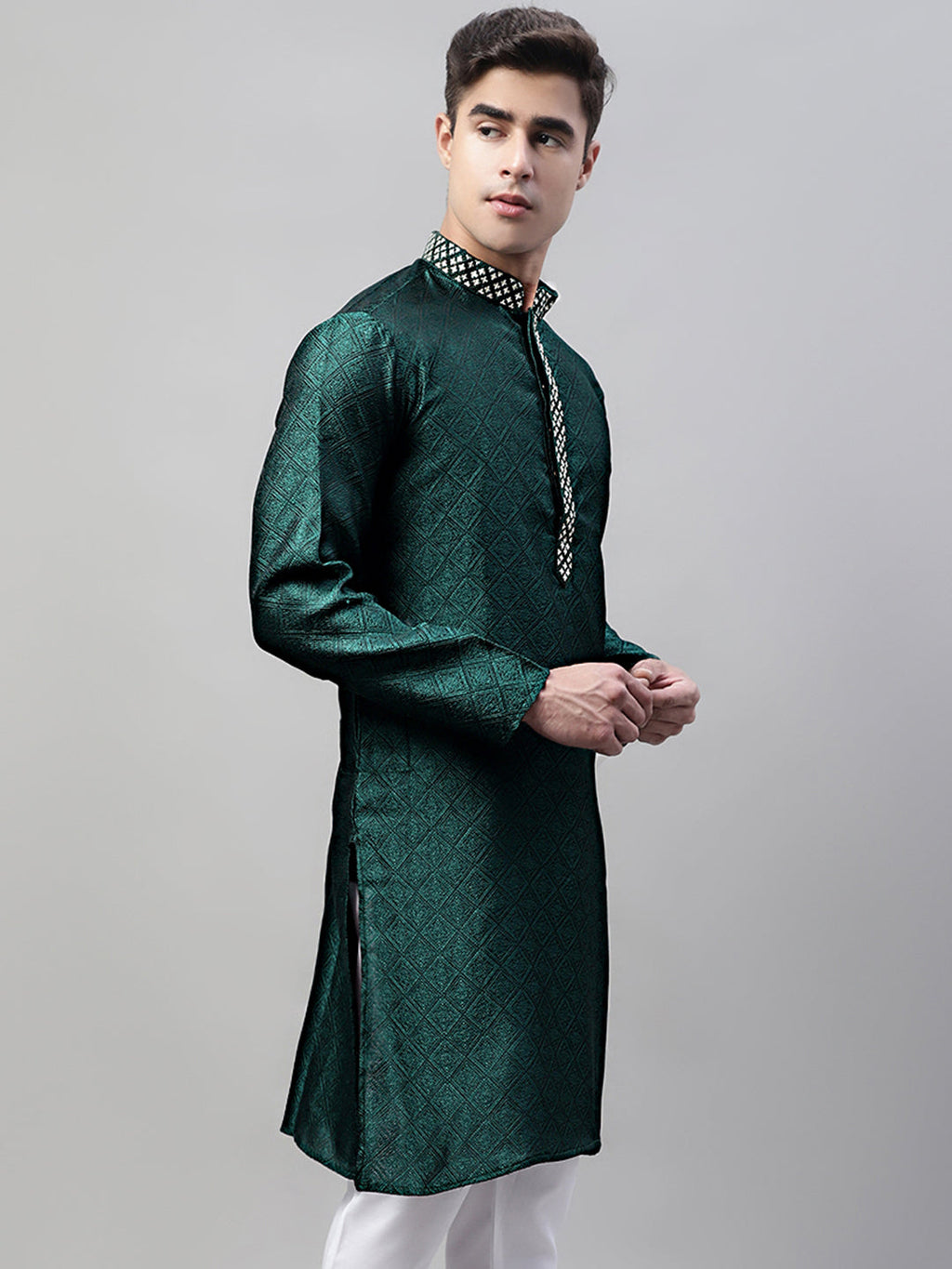 Jompers Men's Olive Green Jacquard Silk Collar Embroidered Kurta | Grocsy