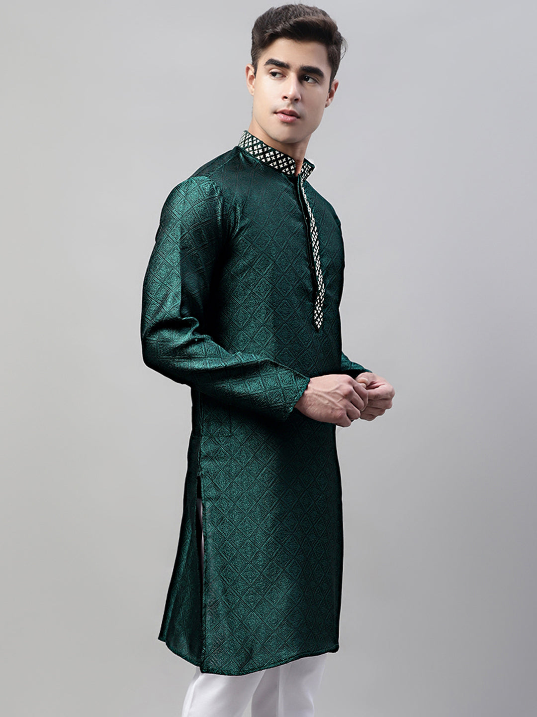 Jompers Men's Olive Green Jacquard Silk Collar Embroidered Kurta | Grocsy