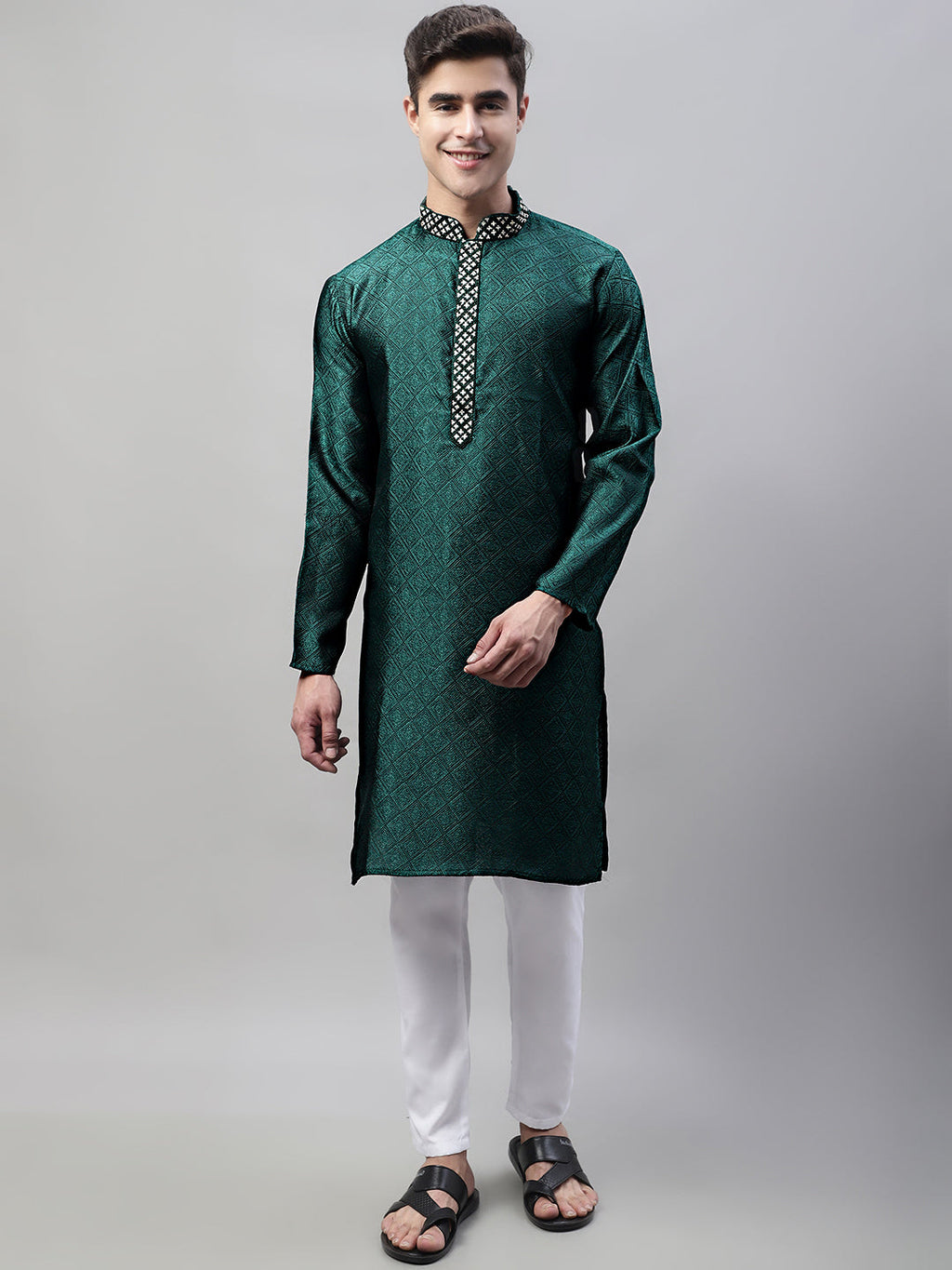 Jompers Men's Olive Green Jacquard Silk Collar Embroidered Kurta | Grocsy