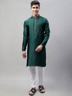 Jompers Men's Olive Green Jacquard Silk Collar Embroidered Kurta | Grocsy