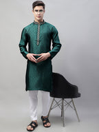 Jompers Men's Olive Green Jacquard Silk Collar Embroidered Kurta | Grocsy