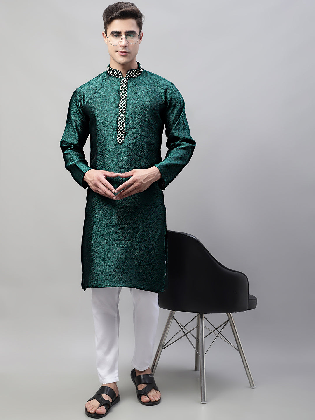 Jompers Men's Olive Green Jacquard Silk Collar Embroidered Kurta | Grocsy