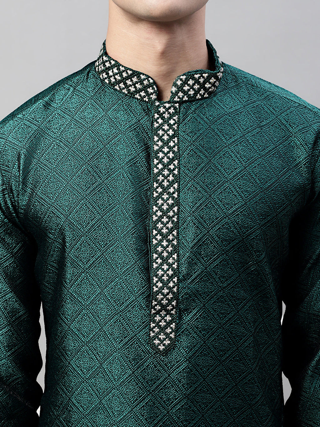 Jompers Men's Olive Green Jacquard Silk Collar Embroidered Kurta | Grocsy