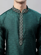 Jompers Men's Olive Green Jacquard Silk Collar Embroidered Kurta | Grocsy