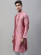 Jompers Men's Pink Jacquard Silk Collar Embroidered Kurta | Grocsy