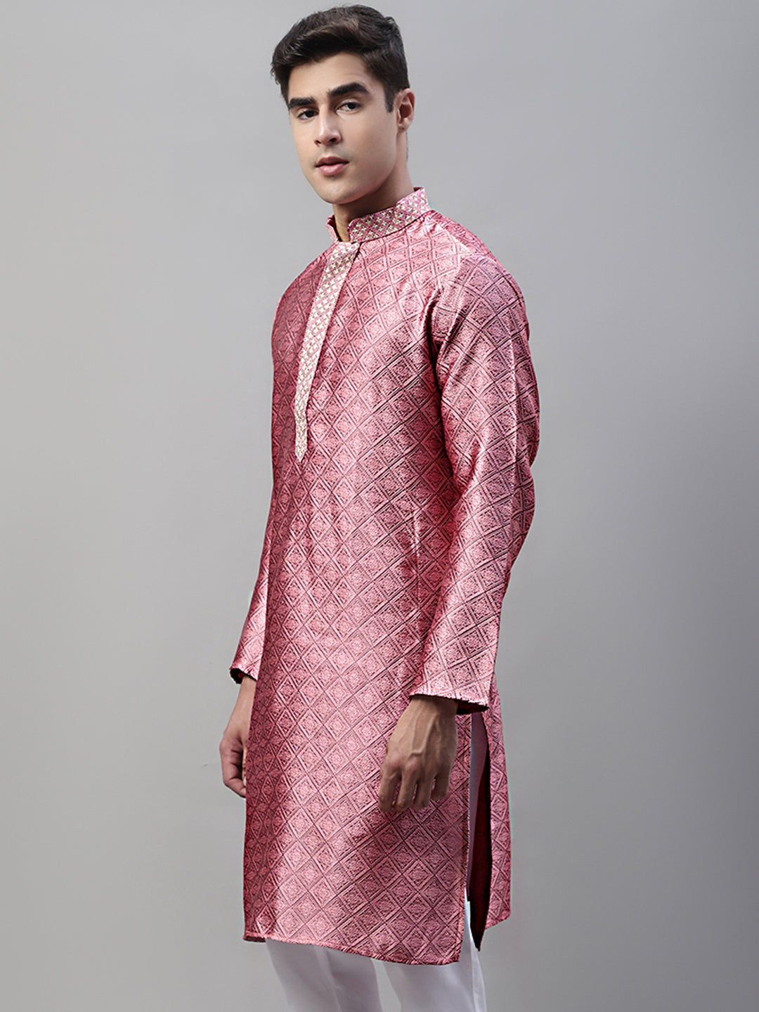 Jompers Men's Pink Jacquard Silk Collar Embroidered Kurta | Grocsy