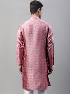 Jompers Men's Pink Jacquard Silk Collar Embroidered Kurta | Grocsy