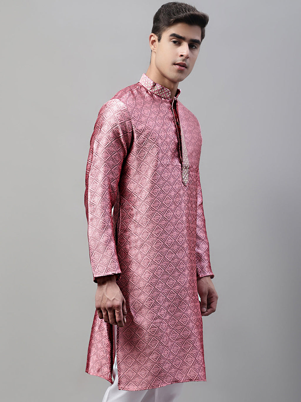 Jompers Men's Pink Jacquard Silk Collar Embroidered Kurta | Grocsy