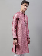 Jompers Men's Pink Jacquard Silk Collar Embroidered Kurta | Grocsy