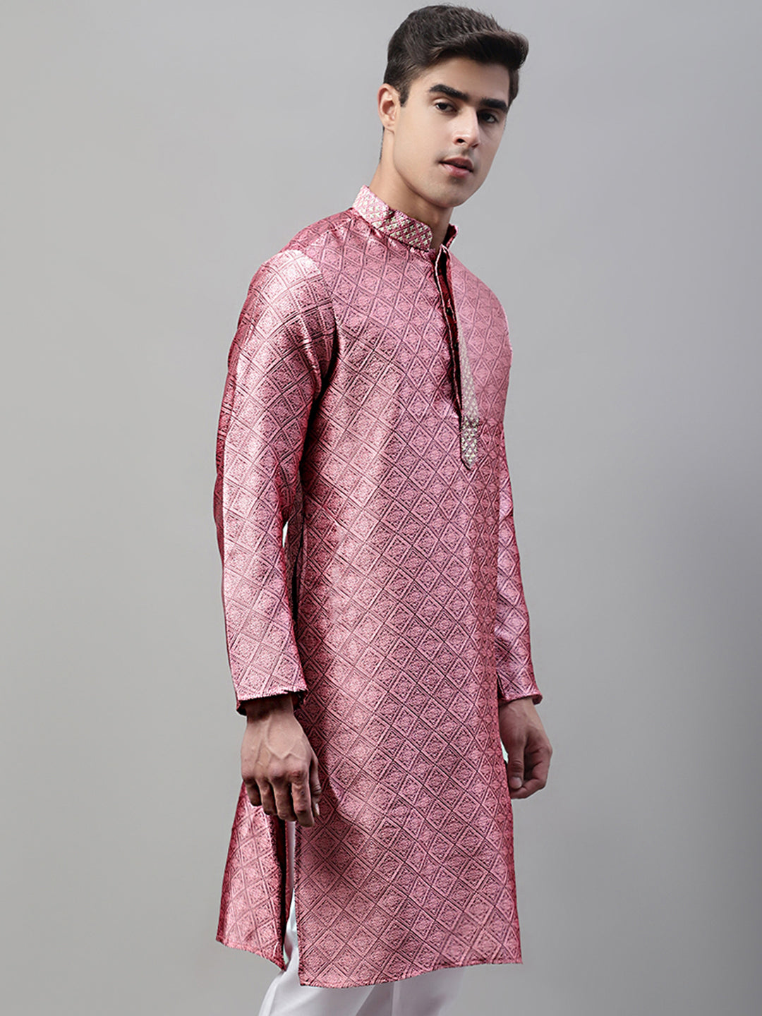 Jompers Men's Pink Jacquard Silk Collar Embroidered Kurta | Grocsy