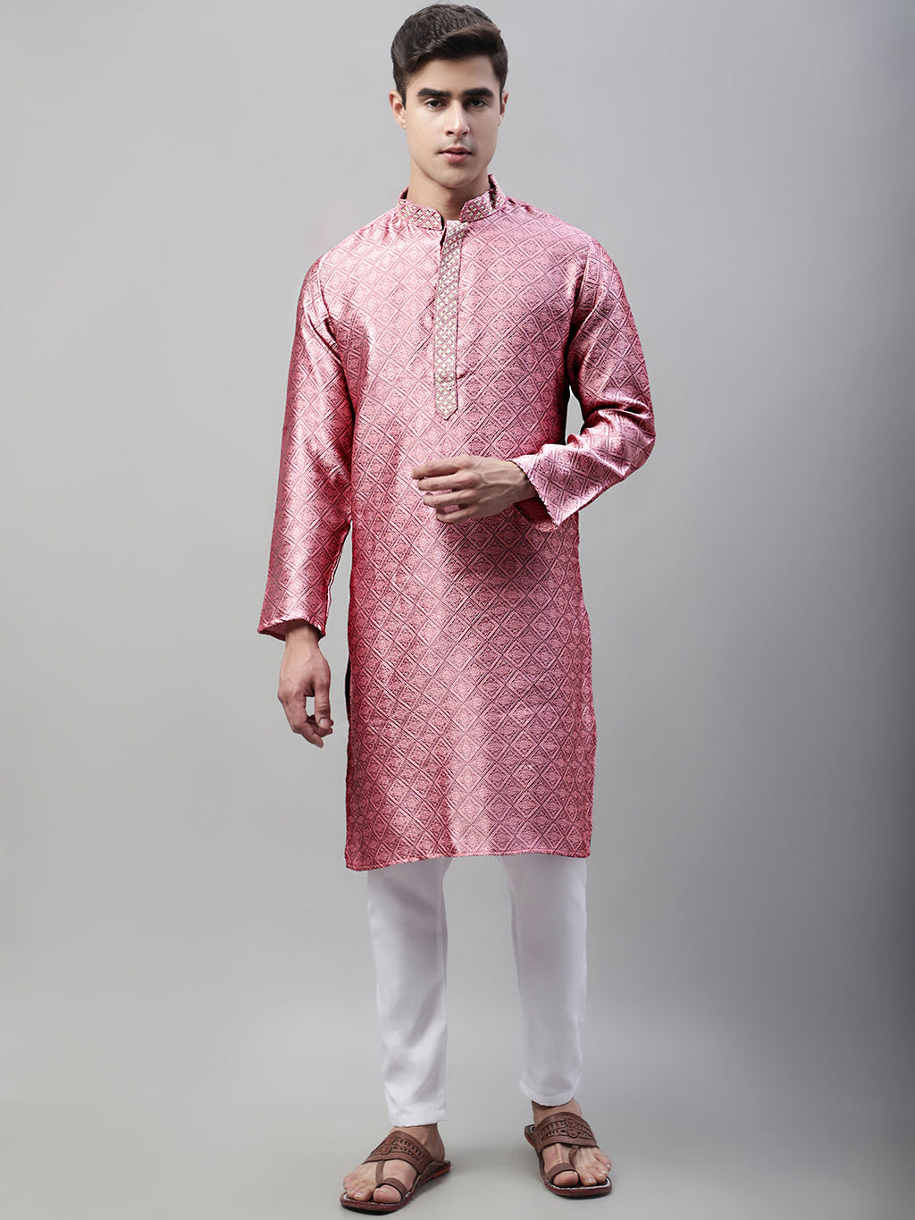 Jompers Men's Pink Jacquard Silk Collar Embroidered Kurta | Grocsy