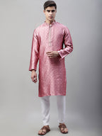 Jompers Men's Pink Jacquard Silk Collar Embroidered Kurta | Grocsy