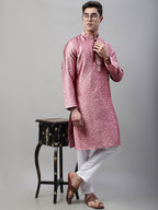 Jompers Men's Pink Jacquard Silk Collar Embroidered Kurta | Grocsy