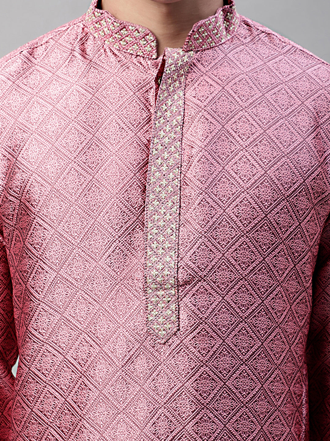 Jompers Men's Pink Jacquard Silk Collar Embroidered Kurta | Grocsy