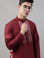 Jompers Men's Maroon Cotton Silk Mirror Work Kurta | Grocsy