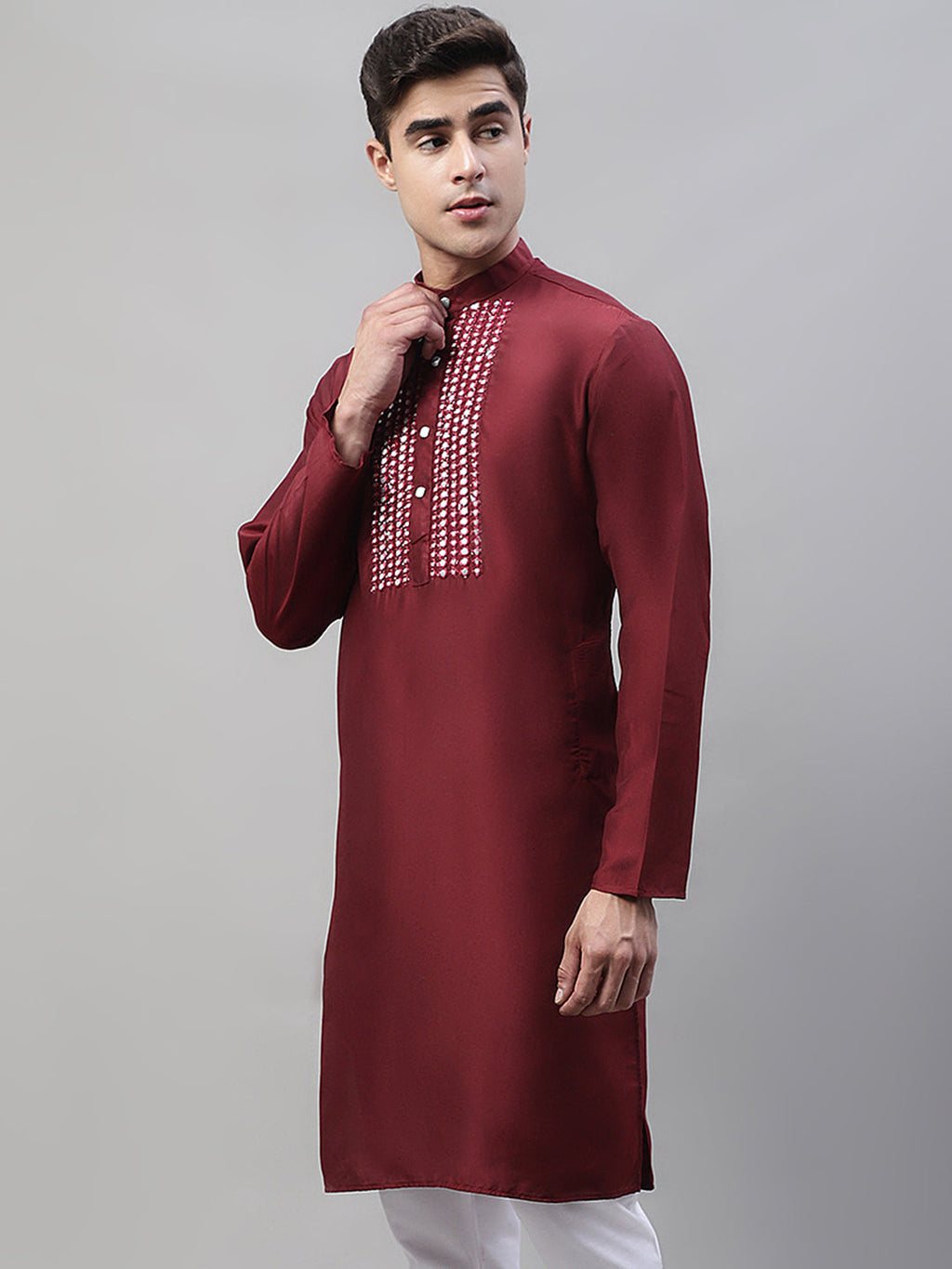 Jompers Men's Maroon Cotton Silk Mirror Work Kurta | Grocsy