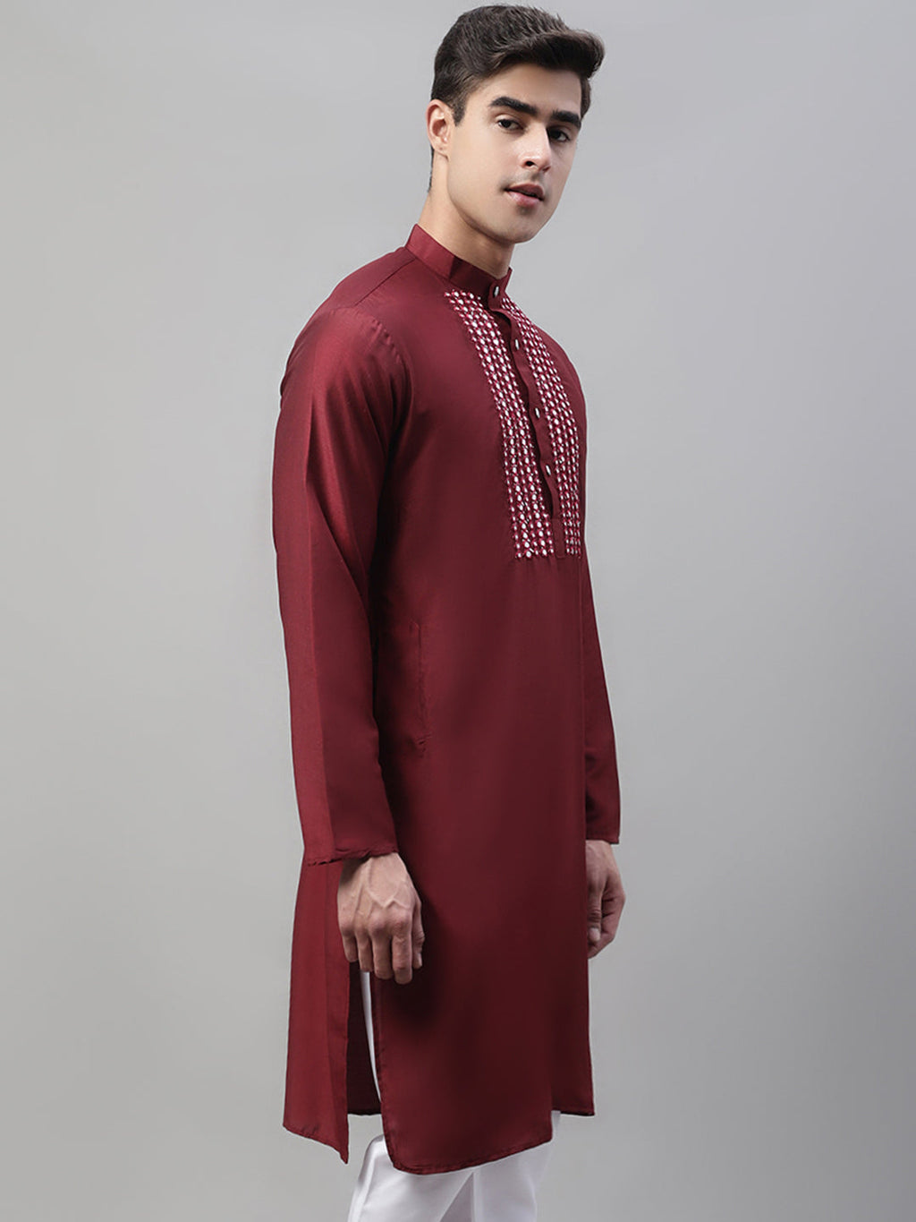 Jompers Men's Maroon Cotton Silk Mirror Work Kurta | Grocsy
