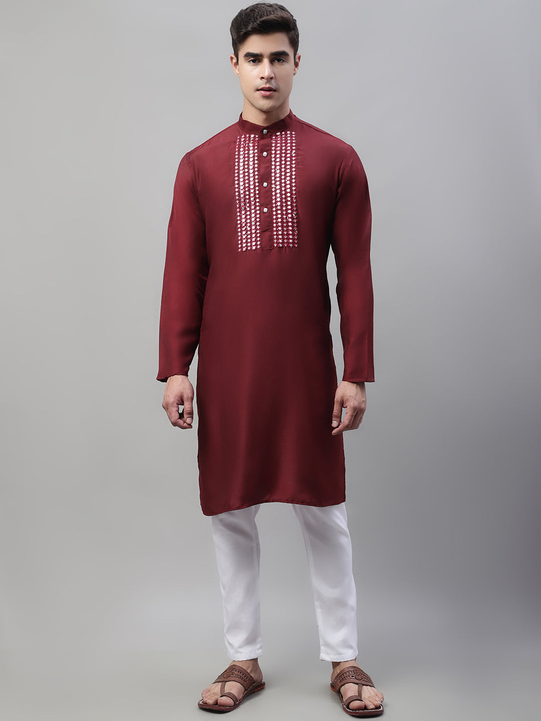 Jompers Men's Maroon Cotton Silk Mirror Work Kurta | Grocsy