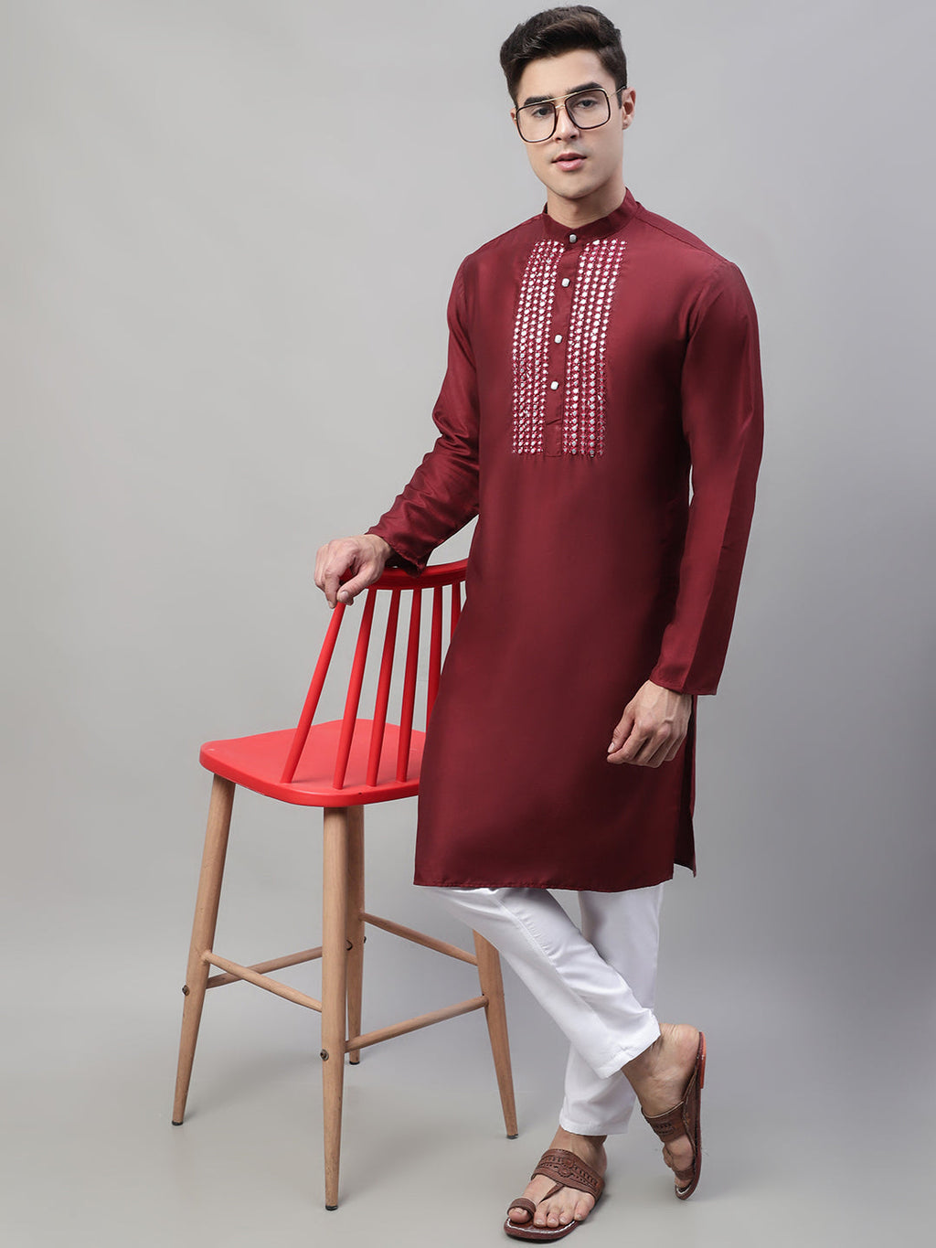 Jompers Men's Maroon Cotton Silk Mirror Work Kurta | Grocsy