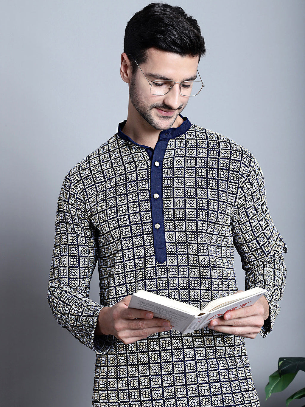 Jompers Men's Navy Blue Embroidered Kurta Only | Grocsy