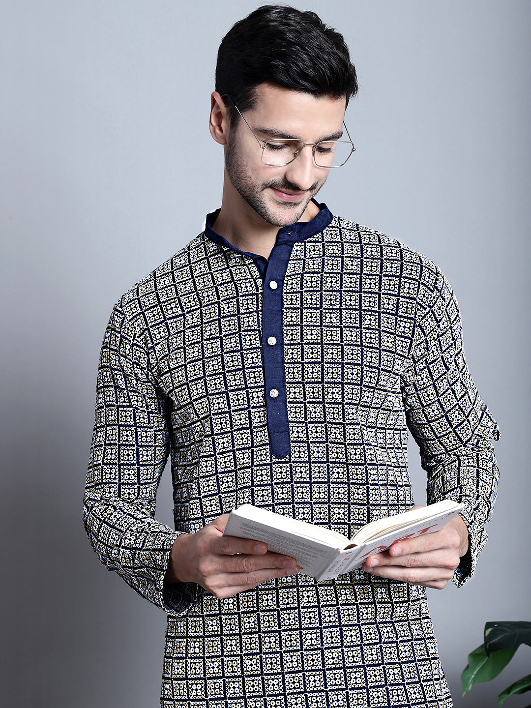 Jompers Men's Navy Blue Embroidered Kurta Only | Grocsy