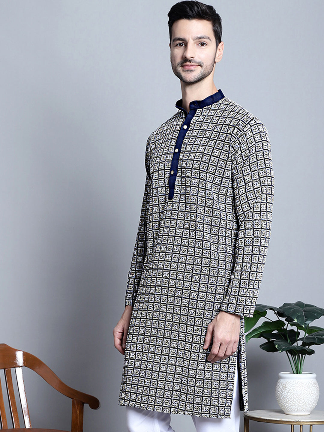 Jompers Men's Navy Blue Embroidered Kurta Only | Grocsy