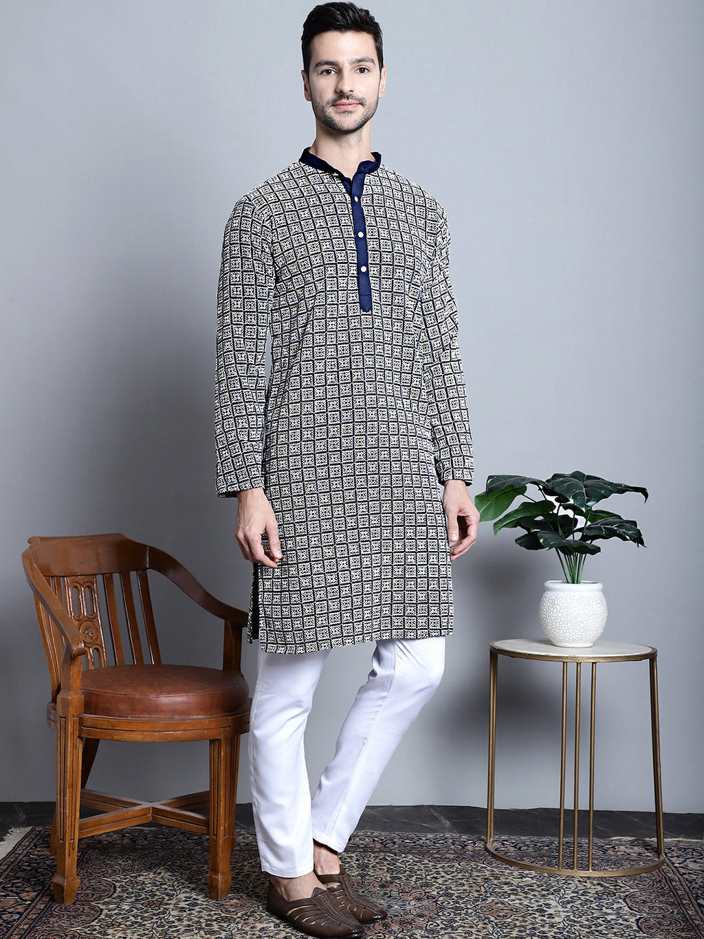 Jompers Men's Navy Blue Embroidered Kurta Only | Grocsy