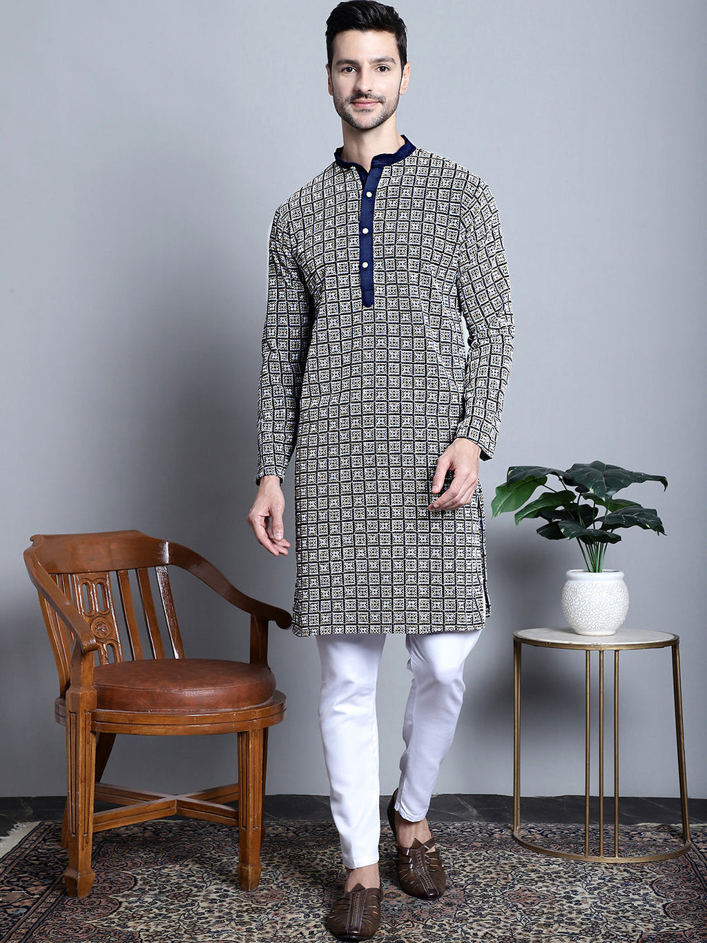 Jompers Men's Navy Blue Embroidered Kurta Only | Grocsy