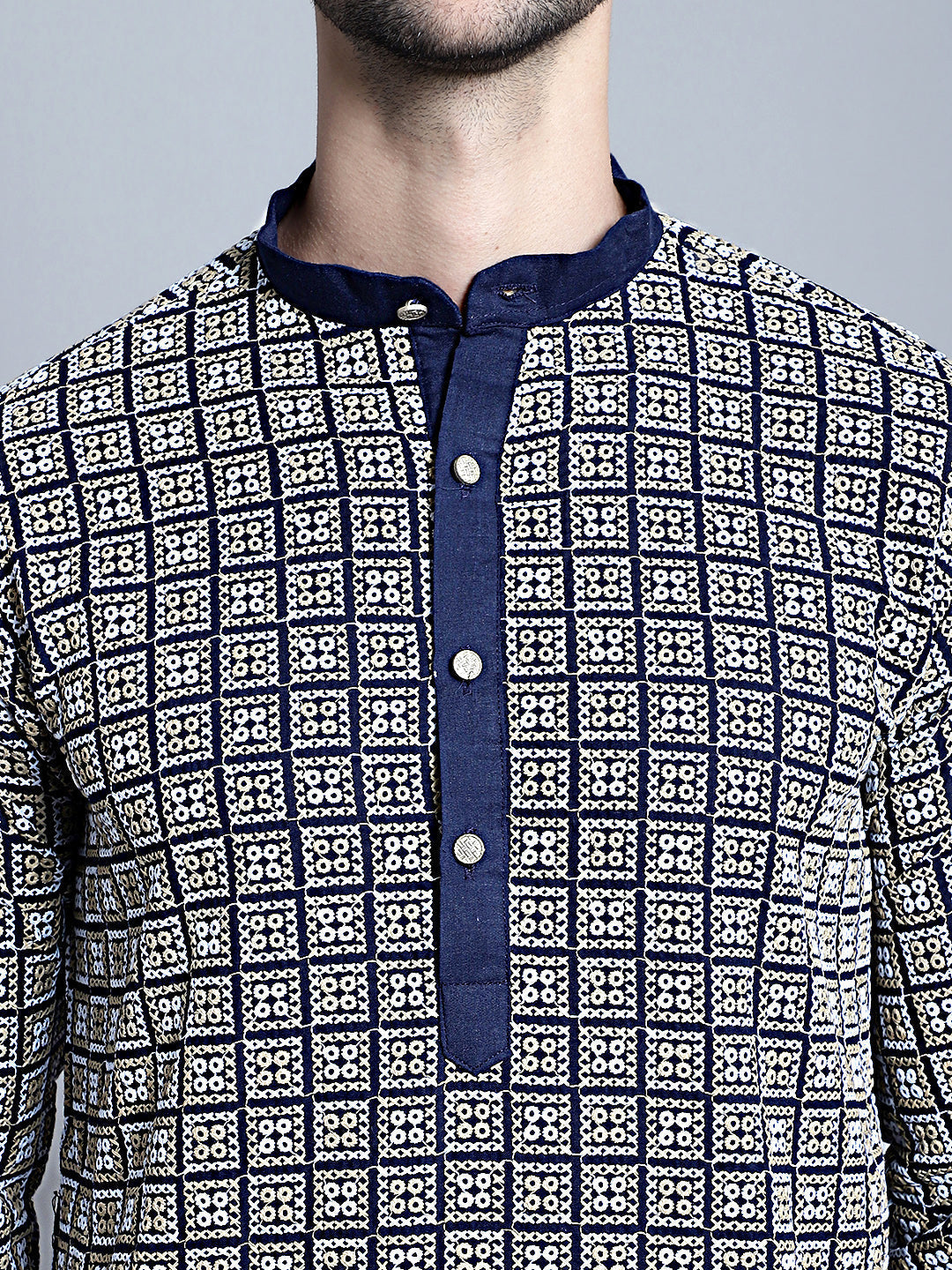 Jompers Men's Navy Blue Embroidered Kurta Only | Grocsy