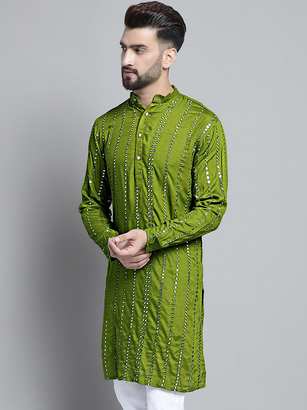 Jompers Men's Embroidered Mirror Work Kurta Only - Olive | Grocsy
