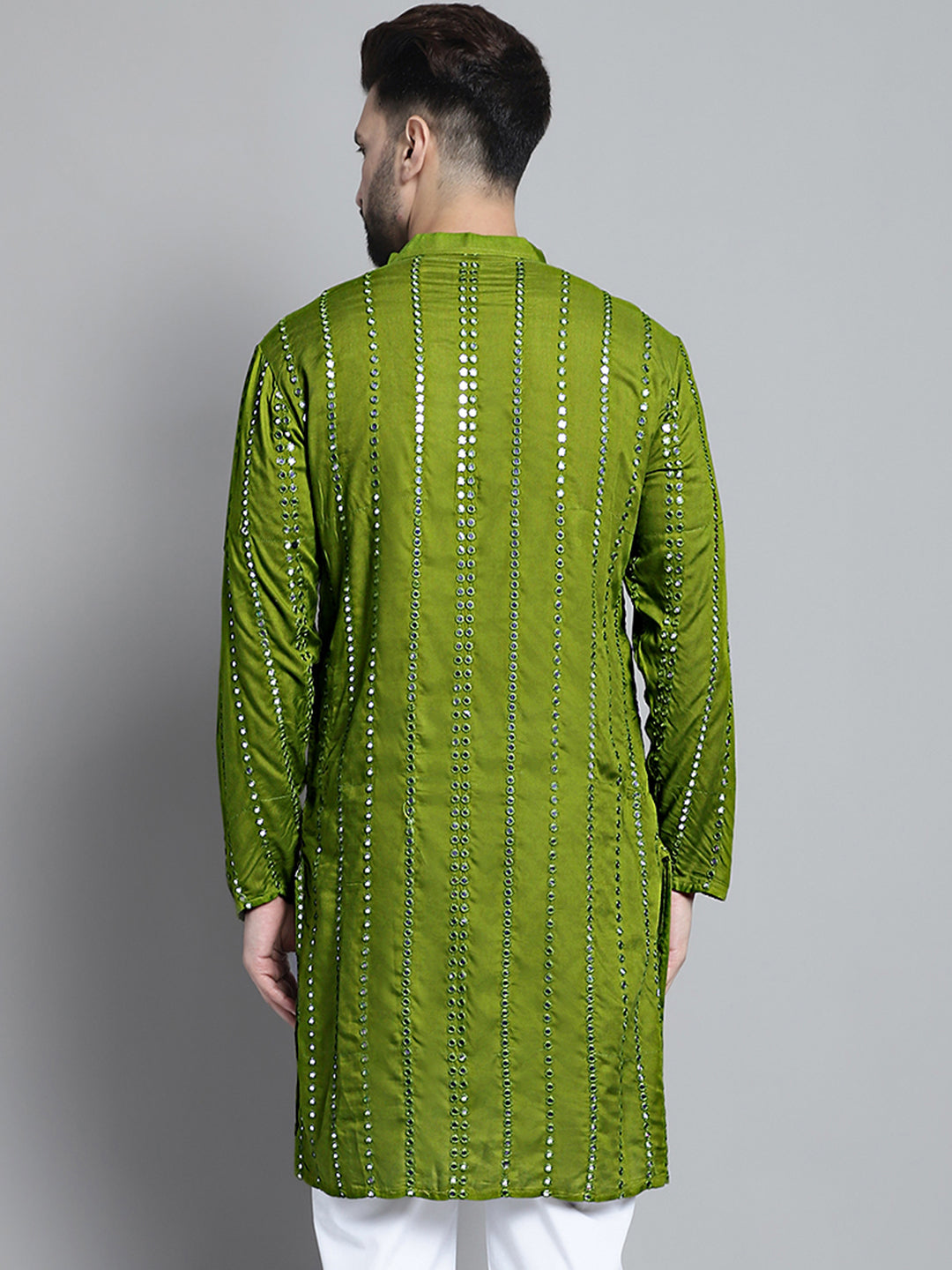 Jompers Men's Embroidered Mirror Work Kurta Only - Olive | Grocsy
