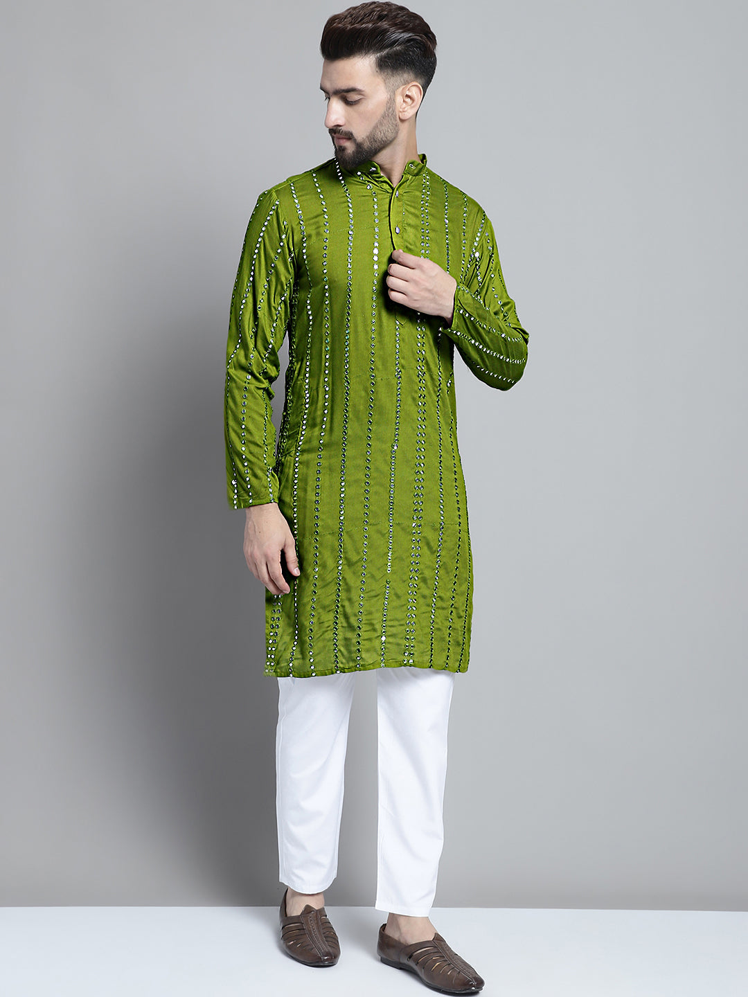 Jompers Men's Embroidered Mirror Work Kurta Only - Olive | Grocsy